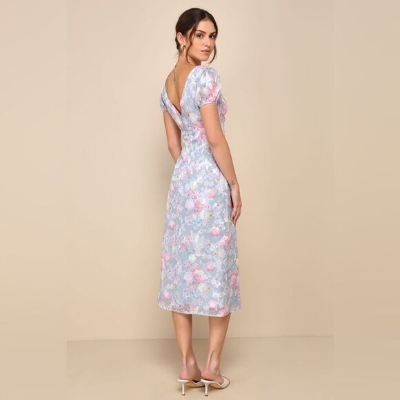 NEW LULUS Elegant Personality Slate Blue Floral Burnout Midi Dress Size S - Picture 3 of 13
